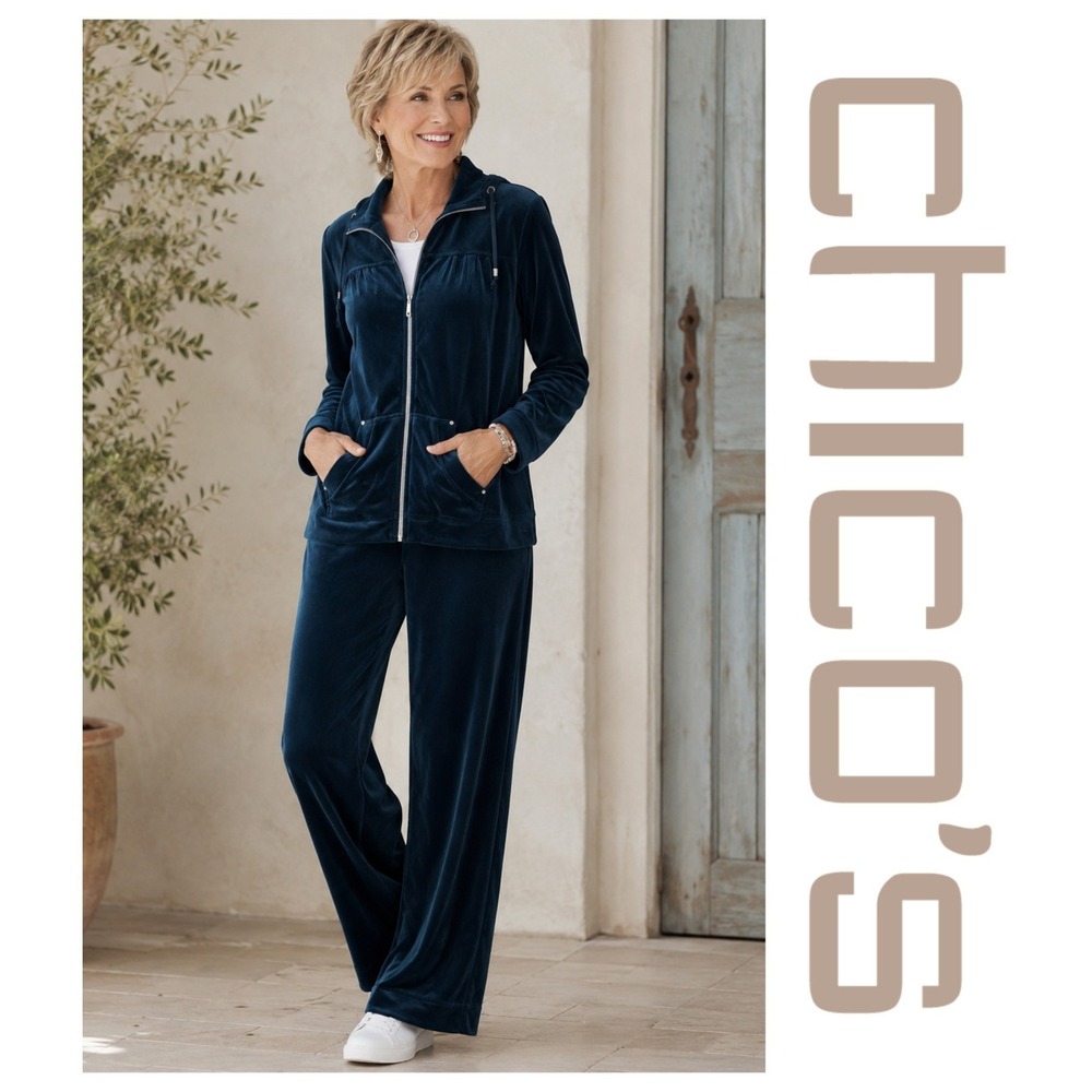 Zenergy by Chicos Dark Teal Velour 2-Pc Jacket/Pants Tracksuit Sz 3/4 (XL/2XL)